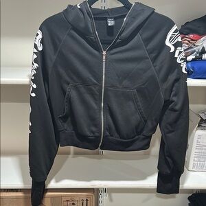 SHEIN Black Cropped Hoodie with White Lettering